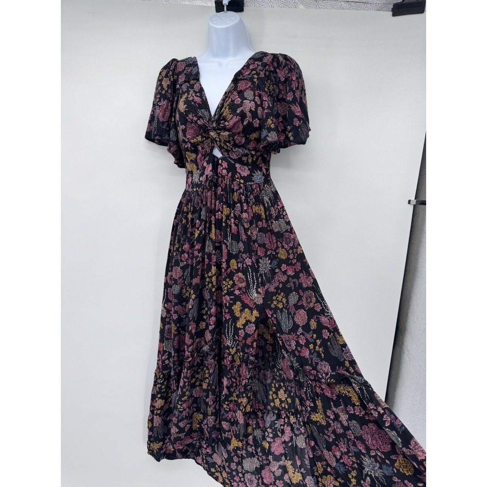 ANGIE Boho Floral Smocked Dress Festival front slit babydoll bloomcore cottage M - Picture 13 of 14